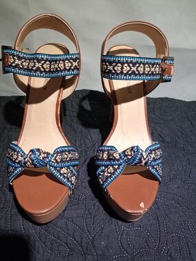 Womens Blue Braided Strap Platform Sandals